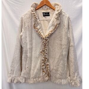 Dale Dressin Ruffle Open Front Faux Fur Coat Cream Small Statement Old Hollywood